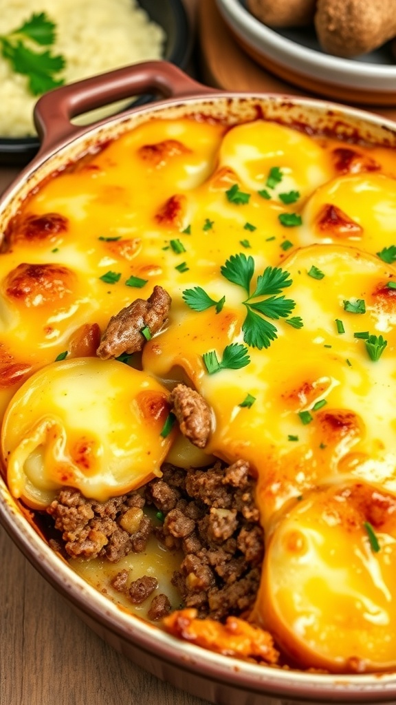 Cheesy potato and ground beef casserole with melted cheese, garnished with parsley, on a wooden table.